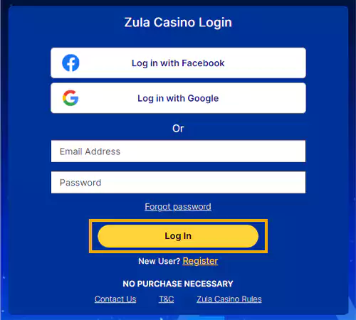 Click on the Log In Button to access your Zula Casino account